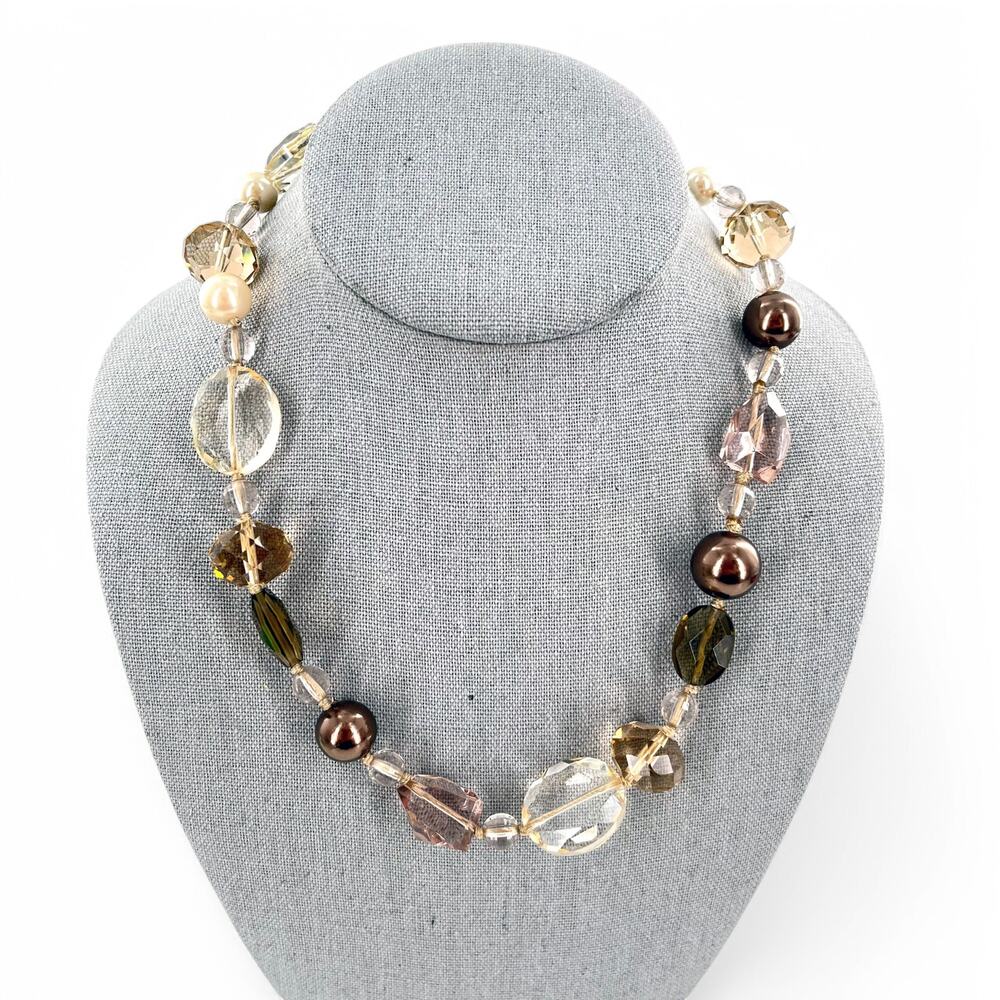 Stella and Dot Crystal Faux Pearl Necklace Brown Ribbon Tie